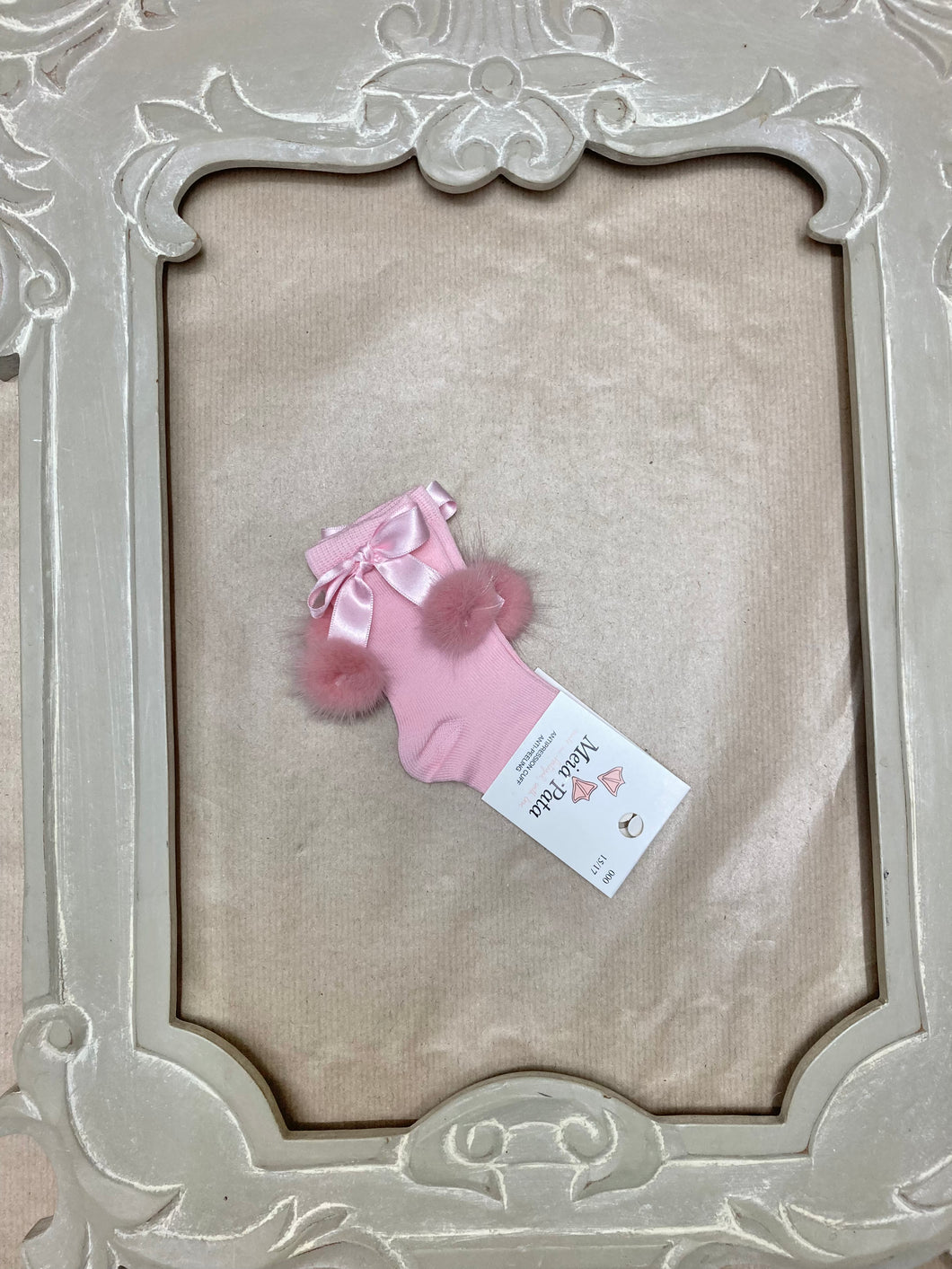 Meia pata baby pink knee socks with satin bow & fur Pom poms